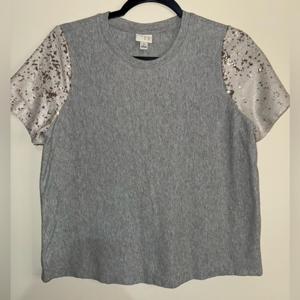 A New Day Gray Sweater Tee with Sequin Silver Sleeves